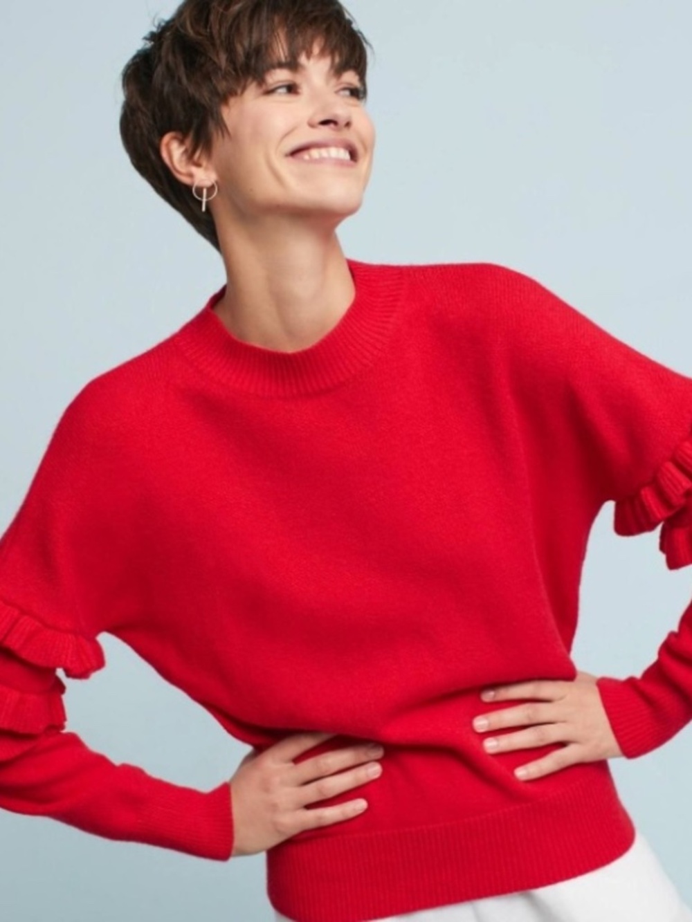 Line + Dot Ruffled Sleeve Mock Neck Sweater in Red Sz Small